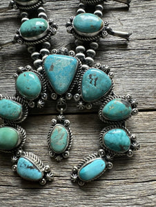 Navajo Sterling Silver Blue Turquoise Squash Blossom Pearls Necklace. K Yazzie