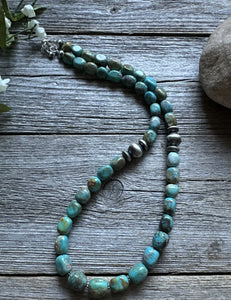 Sterling Silver Blue Green Turquoise Nuggets W Pearls Bead Necklace. 18 inch