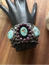 Load image into Gallery viewer, Navajo Sterling Silver Purple Spiny Oyster Turquoise Cluster Cuff Bracelet RY