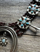 Load image into Gallery viewer, Navajo Sterling Silver Garnet Turquoise Naja Squash Blossom Bead Necklace Signed