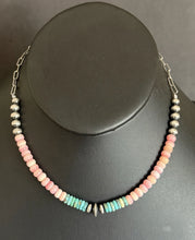 Load image into Gallery viewer, Sterling Silver Graduated Pink Conch Turquoise Pearls Chain Bead Necklace 16inch