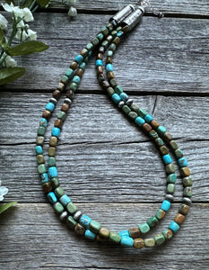 Sterling Silver Multi 2 Strand Blue Green Turquoise Bead Necklace. 20 inch