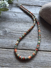 Load image into Gallery viewer, Sterling Silver Orange Spiny Oyster Green Turquoise Heishi Bead Necklace 18 inch