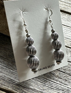 Southwestern 925 Sterling Silver Corrugated Pearls Bead Earrings. 2.25 Inch