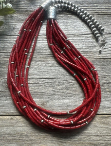 Sterling Silver Multi Strand Red Bamboo Coral Bead Necklace 28 Inch