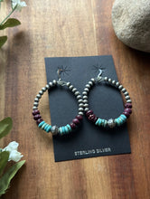 Load image into Gallery viewer, Sterling Silver Purple Spiny Oyster Turquoise Pearls Bead Loop Hoop Earrings