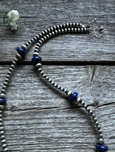 Load image into Gallery viewer, Southwestern Sterling Silver Lapis 4mm Pearls Bead Necklace. 18 Inch. Gift