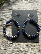 Load image into Gallery viewer, Southwestern 925 Sterling Silver Lapis Pearls Hoop Earrings.