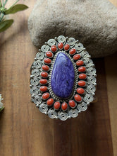 Load image into Gallery viewer, Tonya Rafael Navajo Sterling Silver Purple Charoite Coral Cluster Cuff Bracelet