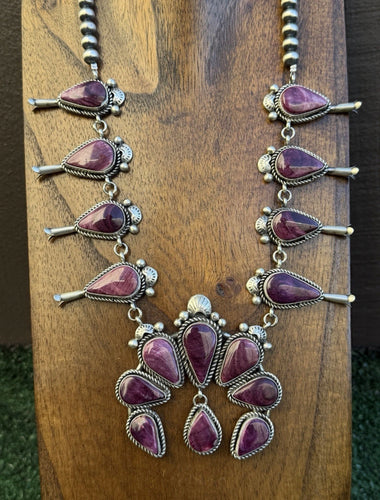 Navajo Sterling Silver Purple Spiny Oyster Squash Blossom Chain Necklace RY