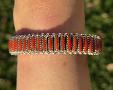 Load image into Gallery viewer, Navajo Native Sterling Silver Red Coral Cluster Cuff Bracelet Signed