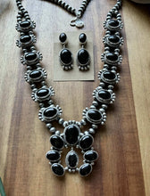 Load image into Gallery viewer, Navajo Sterling Silver Black Onyx Squash Blossom Naja Necklace Earrings Set LY