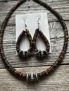 Sterling Silver Tigers Eye Bead Necklace W Earrings Set. Gift 18 Inch