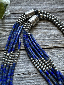 Sterling Silver Multi Strand Lapis W Pearls Bead Necklace. 28 inch