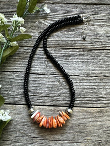 Mens Sterling Silver Black Onyx Orange Spiny Oyster Bead Necklace. 18 Inch