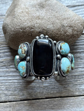 Load image into Gallery viewer, Navajo Native Sterling Silver Black Onyx Royston Turquoise Cuff Bracelet RY