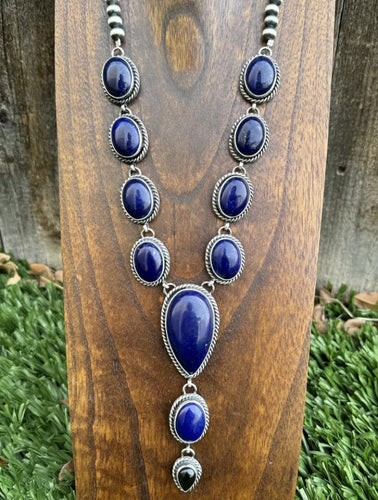 Navajo 925 Sterling Silver Lapis Pearls Lariat Y Necklace RY