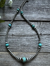 Load image into Gallery viewer, Southwestern Sterling Silver Turquoise 4mm Pearls Bead Necklace. 24 Inch. Gift