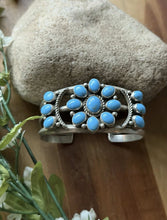 Load image into Gallery viewer, Native American Sterling Silver Blue Turquoise Cluster Cuff Bracelet RB