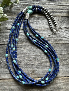 Sterling Silver Multi Strand Stone Lapis Turquoise Bead Necklace. 28 inch