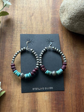 Load image into Gallery viewer, Sterling Silver Purple Spiny Oyster Turquoise Pearls Bead Loop Hoop Earrings
