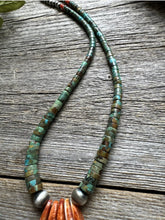 Load image into Gallery viewer, Sterling Silver Orange Spiny Oyster Turquoise Heishi Jackla Bead Necklace 17”