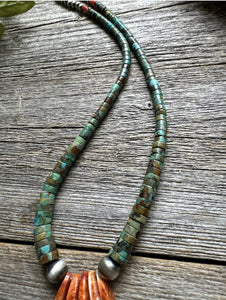 Sterling Silver Orange Spiny Oyster Turquoise Heishi Jackla Bead Necklace 17”