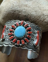 Load image into Gallery viewer, Navajo Native Sterling Silver Red Coral Turquoise Cluster Cuff Bracelet T Jon