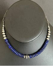 Load image into Gallery viewer, Sterling Silver Graduated Lapis Pearls Chain Bead Necklace. 16 Inch. Gift