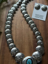 Load image into Gallery viewer, Navajo Sterling Silver Turquoise Stamped Pillow Beads Bead Necklace Earrings 22”