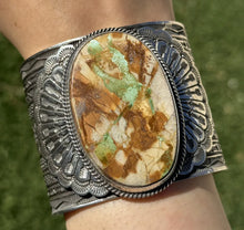 Load image into Gallery viewer, Sunshine Reeves Sterling Silver Green Royston Turquoise Cuff Bracelet. Navajo