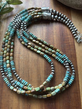 Load image into Gallery viewer, Sterling Silver Multi Strand Blue Green Turquoise Pearls Bead Necklace 26 Inch