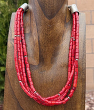 Load image into Gallery viewer, Sterling Silver Multi Strand Red Coral Pearls Bead Necklace 22 Inch