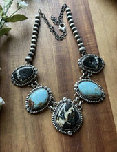Load image into Gallery viewer, Navajo Sterling Silver Black Jack Kingman Turquoise Lariat Pearls Chain Necklace