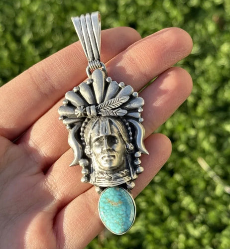 Navajo 925 Sterling Silver Turquoise Indian Chief Head Pendant Southwestern