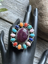 Load image into Gallery viewer, Navajo Sterling Silver Multi Stone Spiny Cluster Adjustable Ring. G James