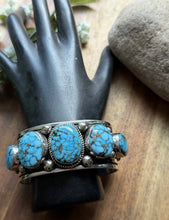Load image into Gallery viewer, Navajo Sterling Silver Blue Kingman Turquoise Cuff Bracelet. A Albert Jake