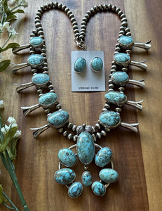 Navajo Sterling Silver White Water Turquoise Squash Blossom Pearls Necklace G