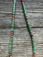 Load image into Gallery viewer, Mens Sterling Silver Green Turquoise Heishi Spiny Bead Necklace. 18 inch