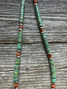 Mens Sterling Silver Green Turquoise Heishi Spiny Bead Necklace. 18 inch