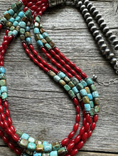 Load image into Gallery viewer, Sterling Silver Blue Green Turquoise Red Coral Pearls Bead Necklace 28 Inch