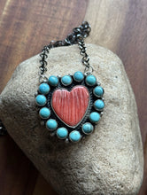 Load image into Gallery viewer, Navajo Sterling Silver Spiny Oyster Heart Turquoise Cluster Chain Necklace CY