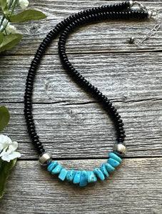 Mens Sterling Silver Black Onyx Turquoise Bead Necklace. 18 Inch