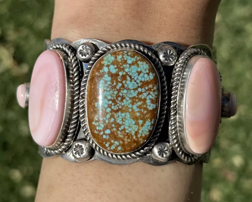 Navajo Native Sterling Silver Number 8 Turquoise Pink Conch Row Cuff Bracelet RY