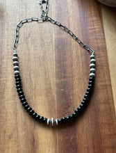 Load image into Gallery viewer, Sterling Silver Graduated Black Onyx Pearls Chain Bead Necklace. 16 Inch. Gift