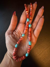 Load image into Gallery viewer, Sterling silver orange spiny oyster turquoise necklace 18 inch