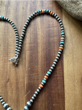 Load image into Gallery viewer, Sterling Silver Spiny Oyster Turquoise Pearls Lariat Y Bead Necklace. 28 inch