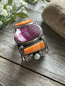 Andy Cadman Sterling Silver Purple Orange Spiny Oyster Cuff Bracelet. Navajo