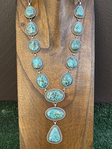 Spiderweb Kingman Turquoise Sterling Silver Navajo Chain Lariat Bead Necklace E