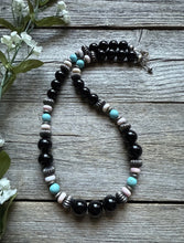 Load image into Gallery viewer, Sterling Silver Black Onyx Multi Stone Turquoise Pink Bead Necklace 18 Inch